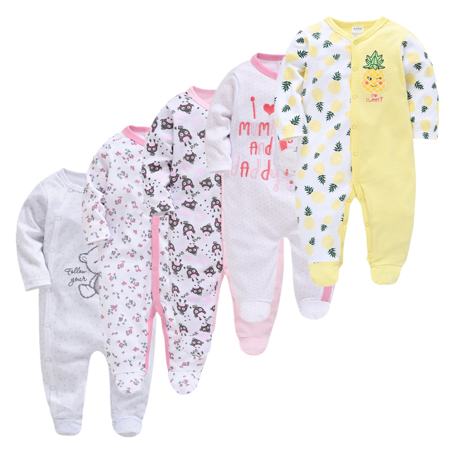 Kit Macacão Bebê 5 peças multicor com pé - Meninos e Meninas