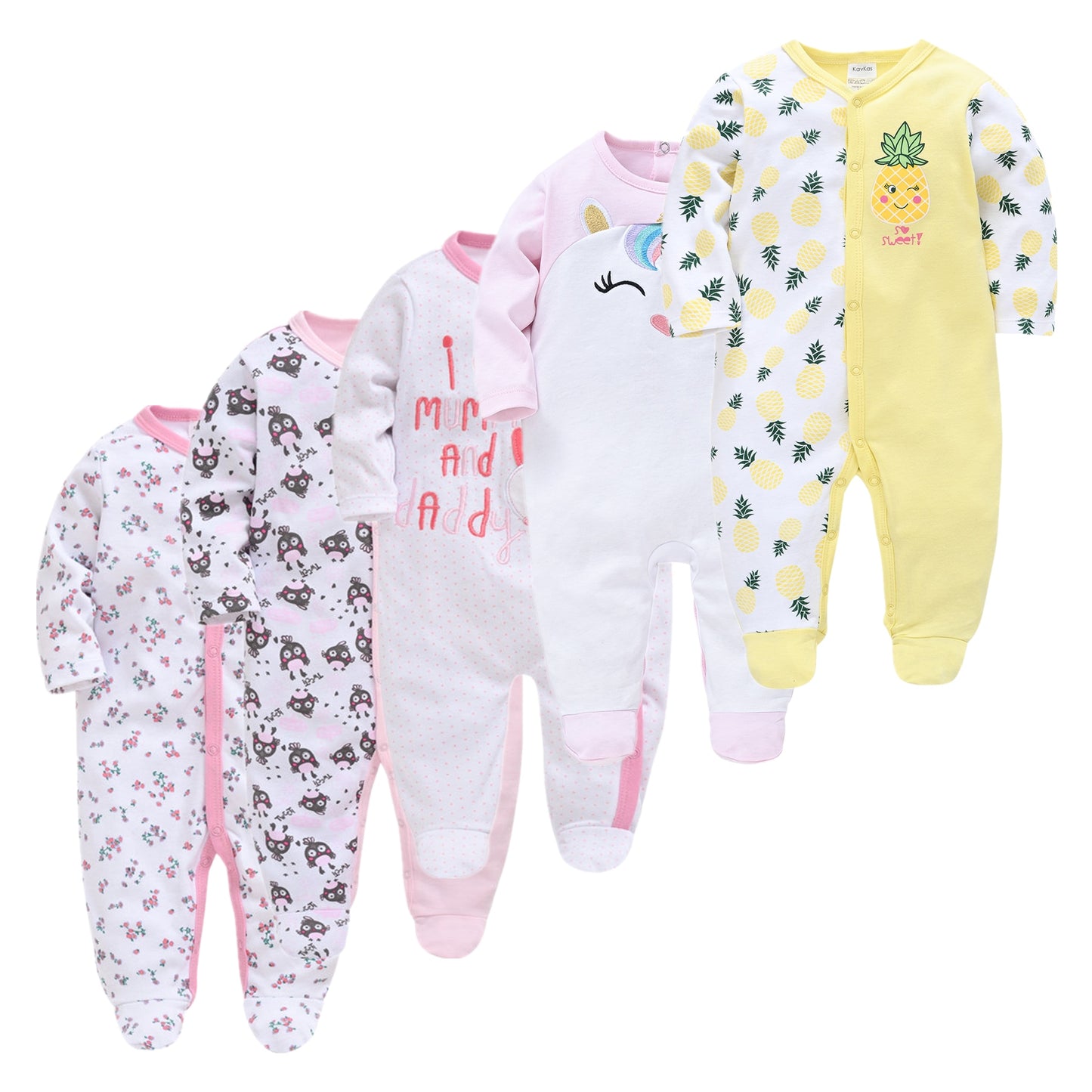 Kit Macacão Bebê 5 peças multicor com pé - Meninos e Meninas