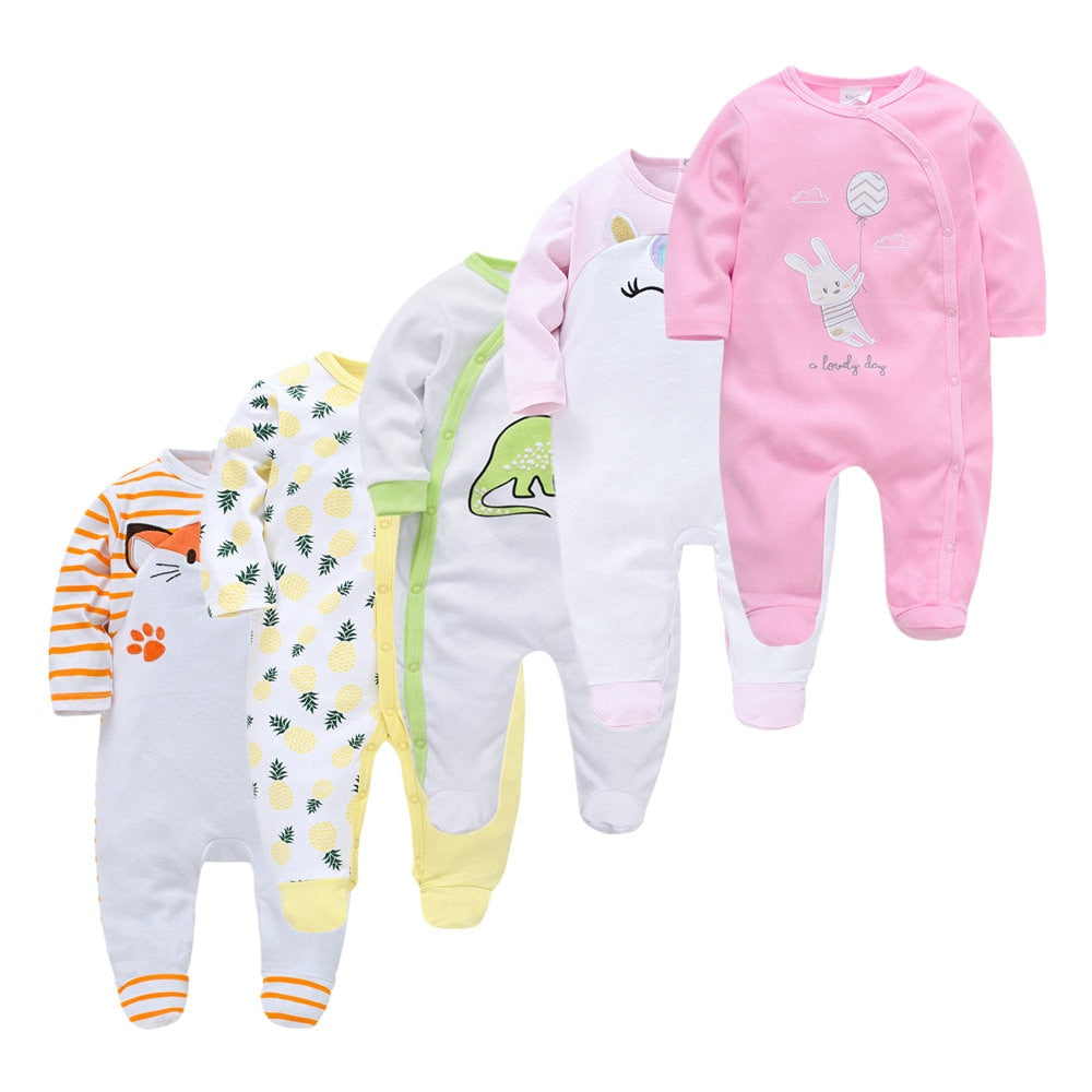 Kit Macacão Bebê 5 peças multicor com pé - Meninos e Meninas