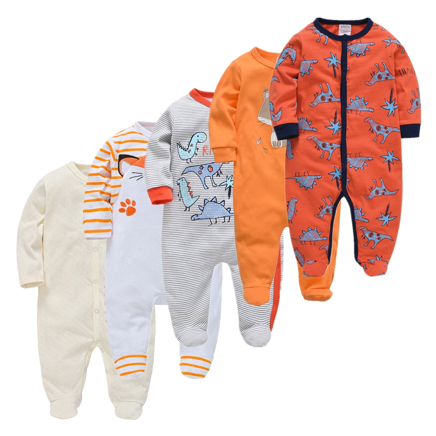 Kit Macacão Bebê 5 peças multicor com pé - Meninos e Meninas