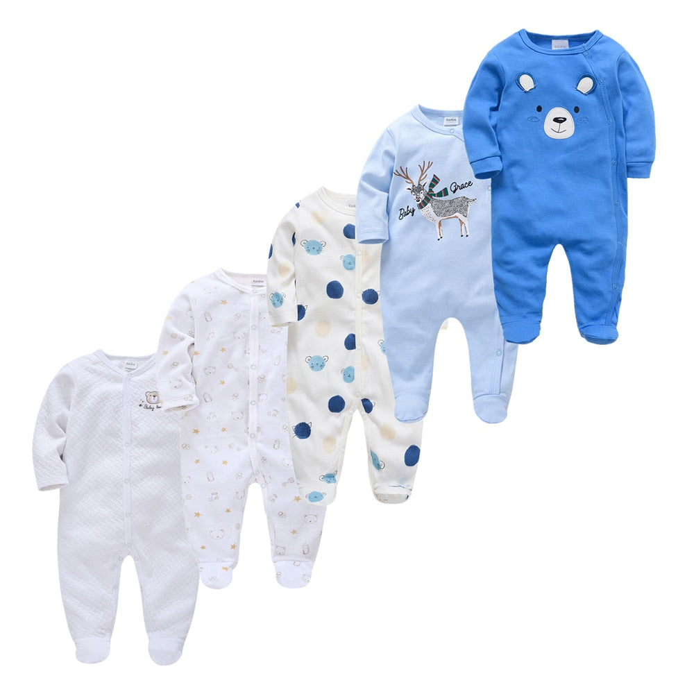 Kit Macacão Bebê 5 peças multicor com pé - Meninos e Meninas