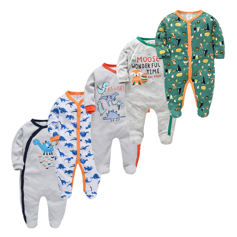 Kit Macacão Bebê 5 peças multicor com pé - Meninos e Meninas