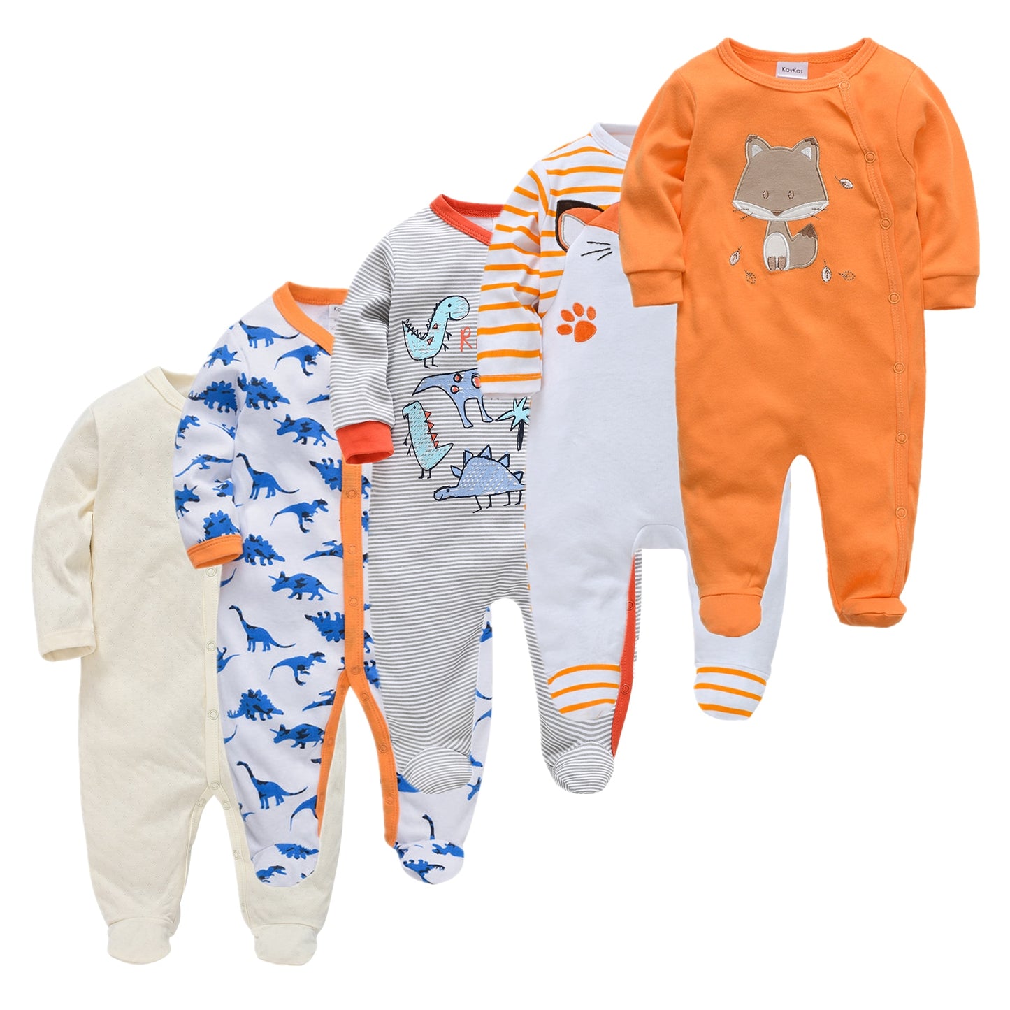 Kit Macacão Bebê 5 peças multicor com pé - Meninos e Meninas