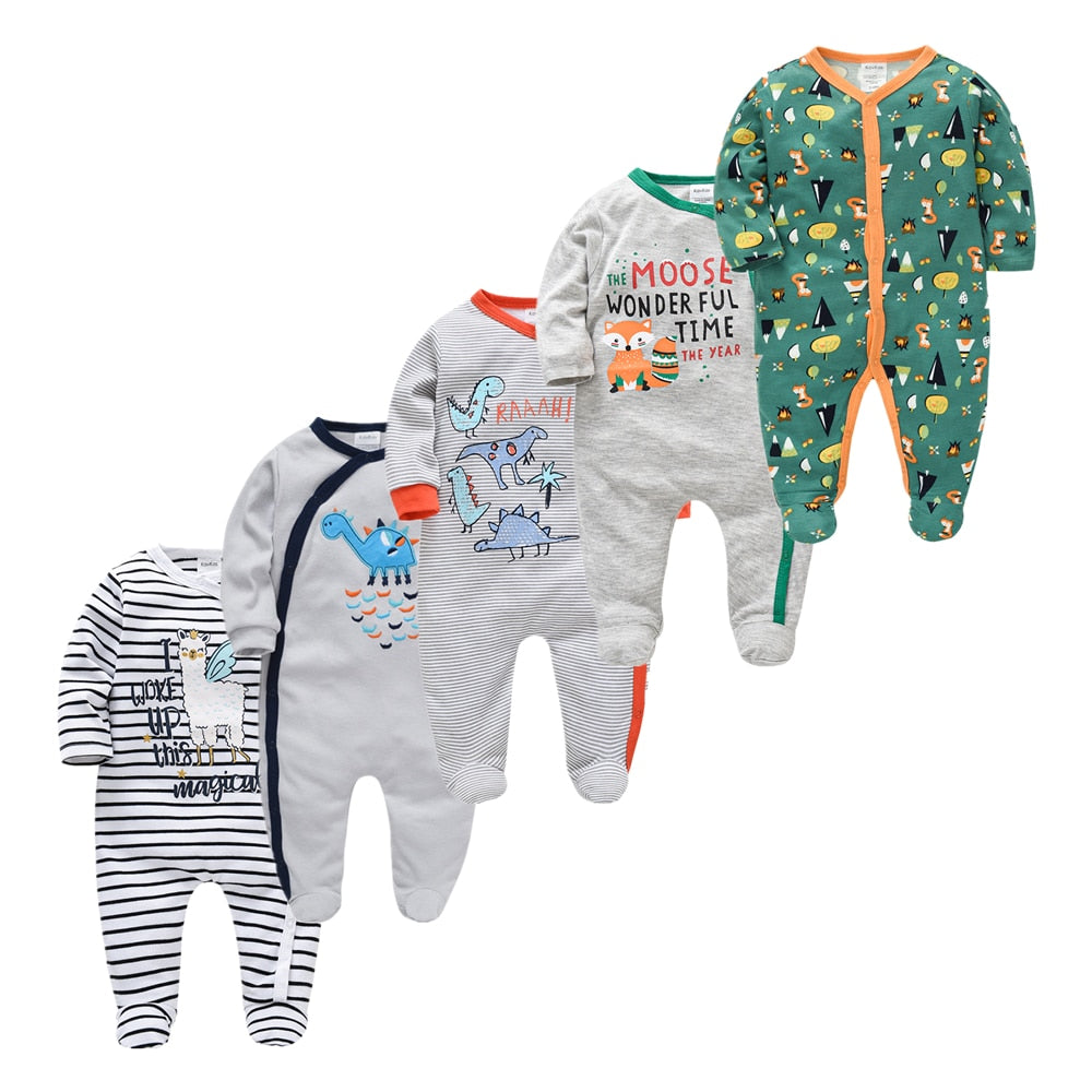 Kit Macacão Bebê 5 peças multicor com pé - Meninos e Meninas