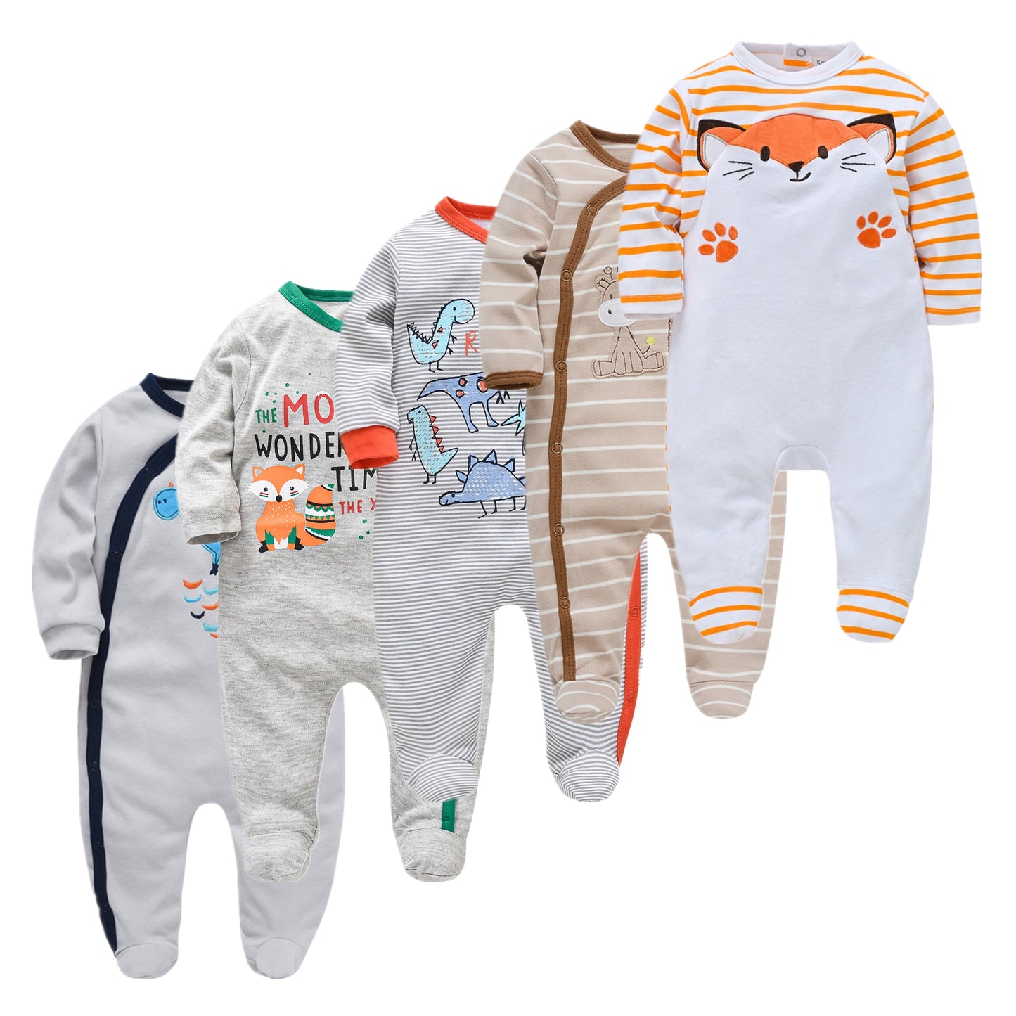 Kit Macacão Bebê 5 peças multicor com pé - Meninos e Meninas