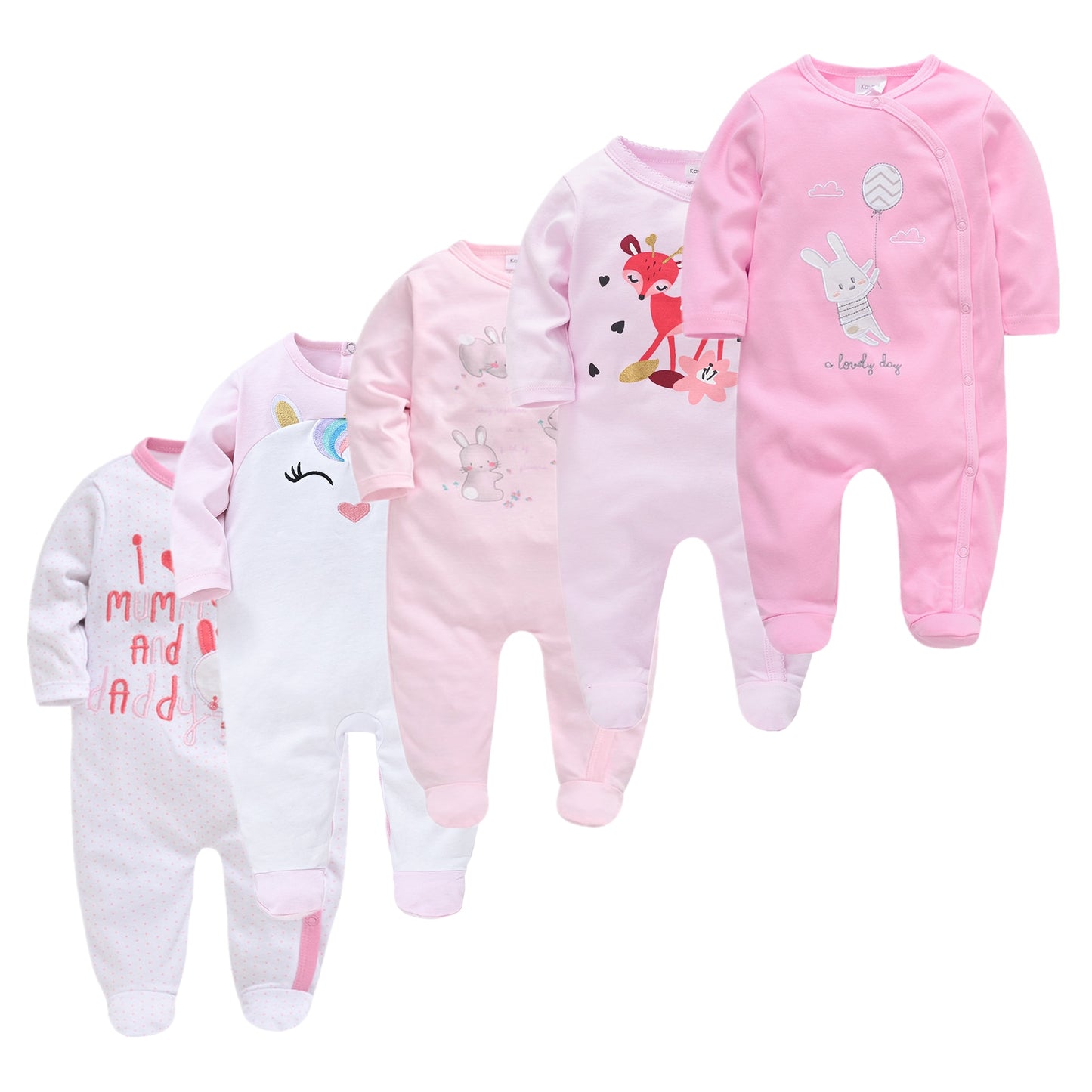 Kit Macacão Bebê 5 peças multicor com pé - Meninos e Meninas