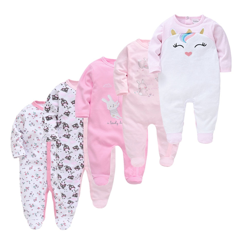 Kit Macacão Bebê 5 peças multicor com pé - Meninos e Meninas