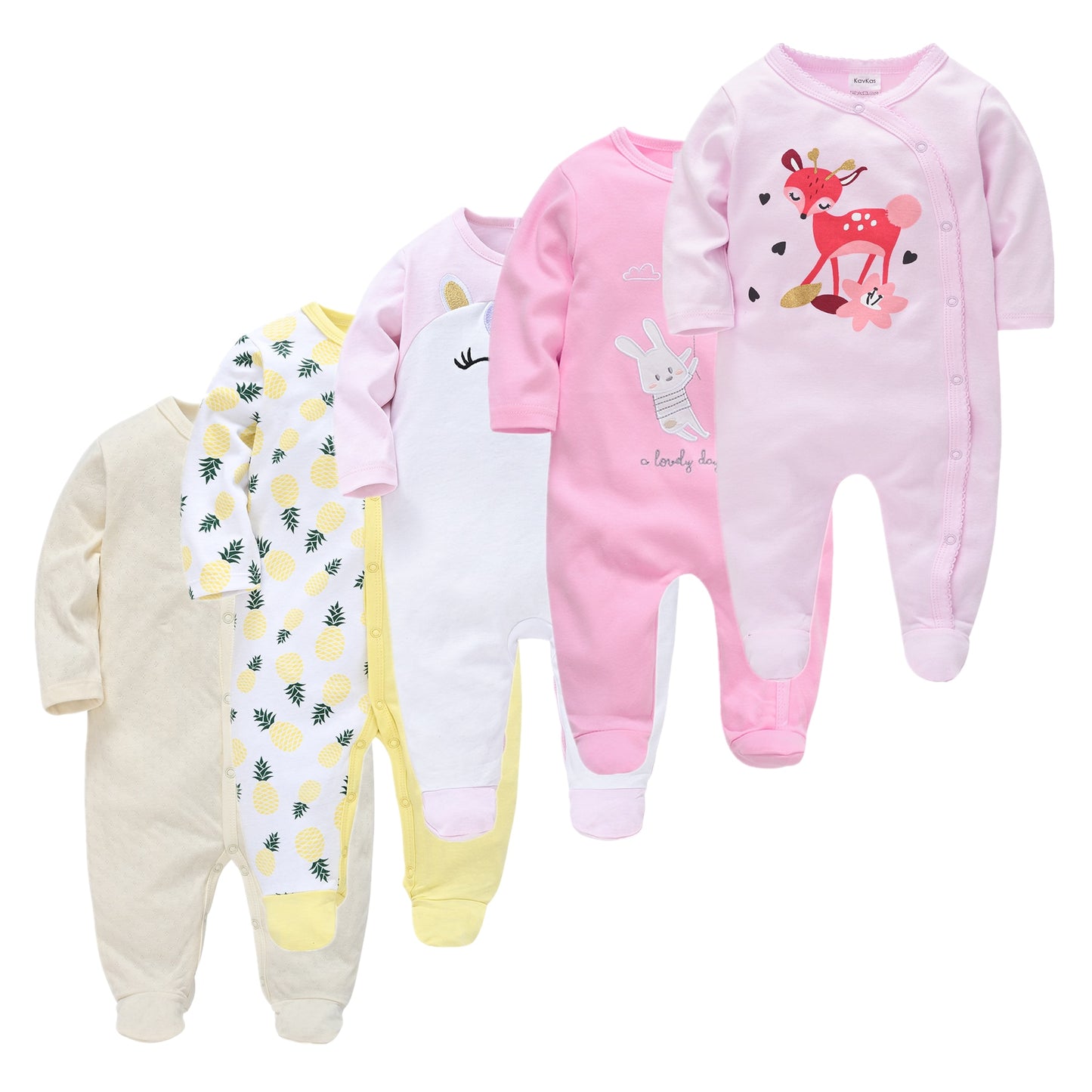 Kit Macacão Bebê 5 peças multicor com pé - Meninos e Meninas