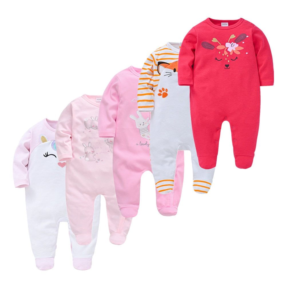 Kit Macacão Bebê 5 peças multicor com pé - Meninos e Meninas