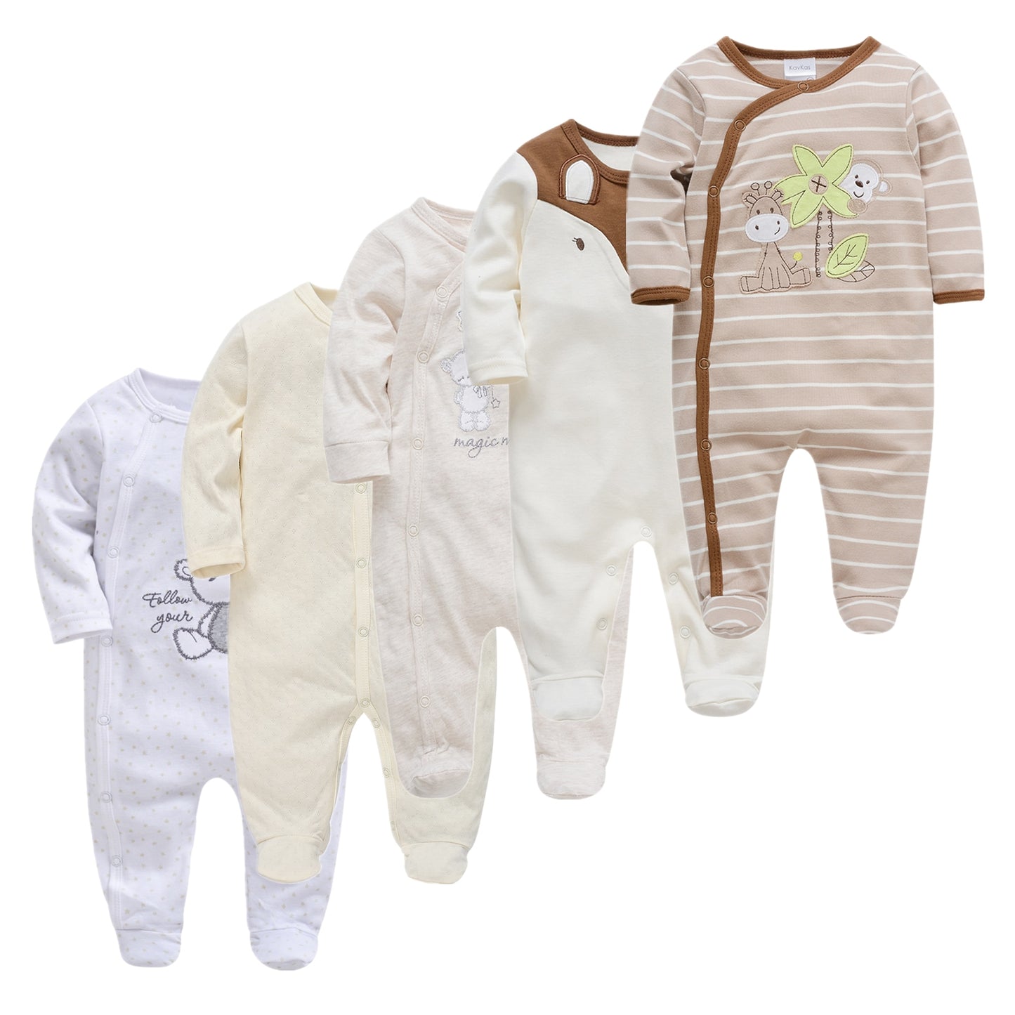 Kit Macacão Bebê 5 peças multicor com pé - Meninos e Meninas