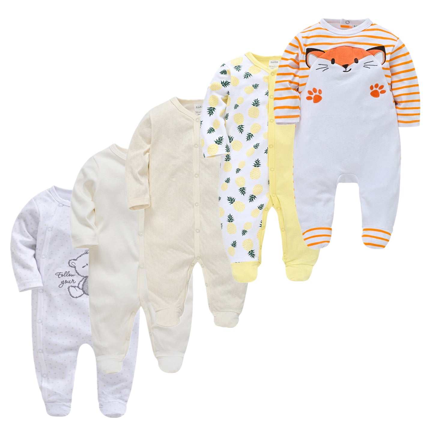 Kit Macacão Bebê 5 peças multicor com pé - Meninos e Meninas
