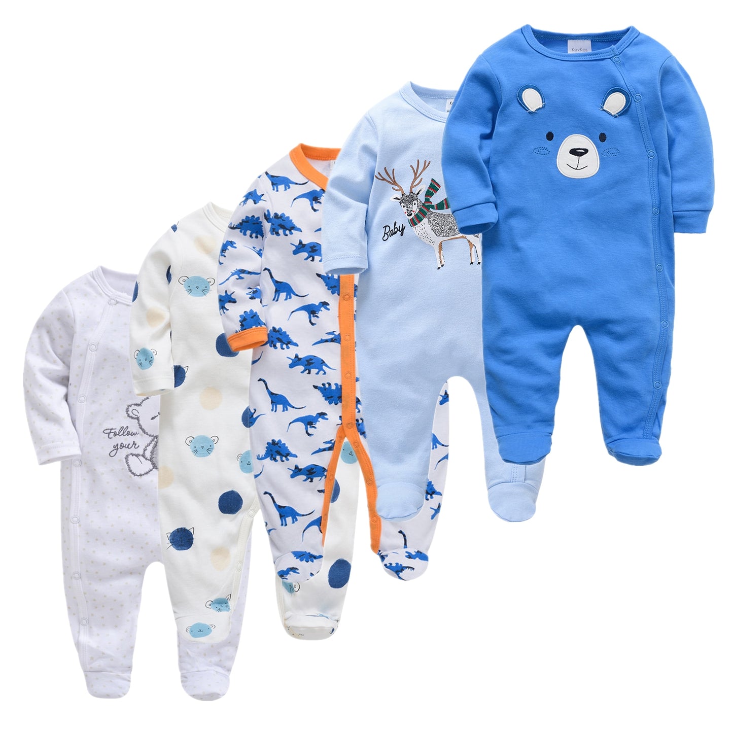 Kit Macacão Bebê 5 peças multicor com pé - Meninos e Meninas