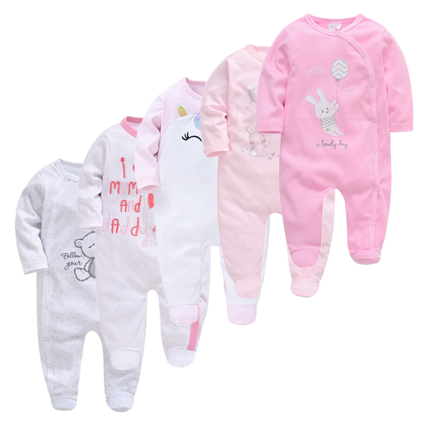 Kit Macacão Bebê 5 peças multicor com pé - Meninos e Meninas