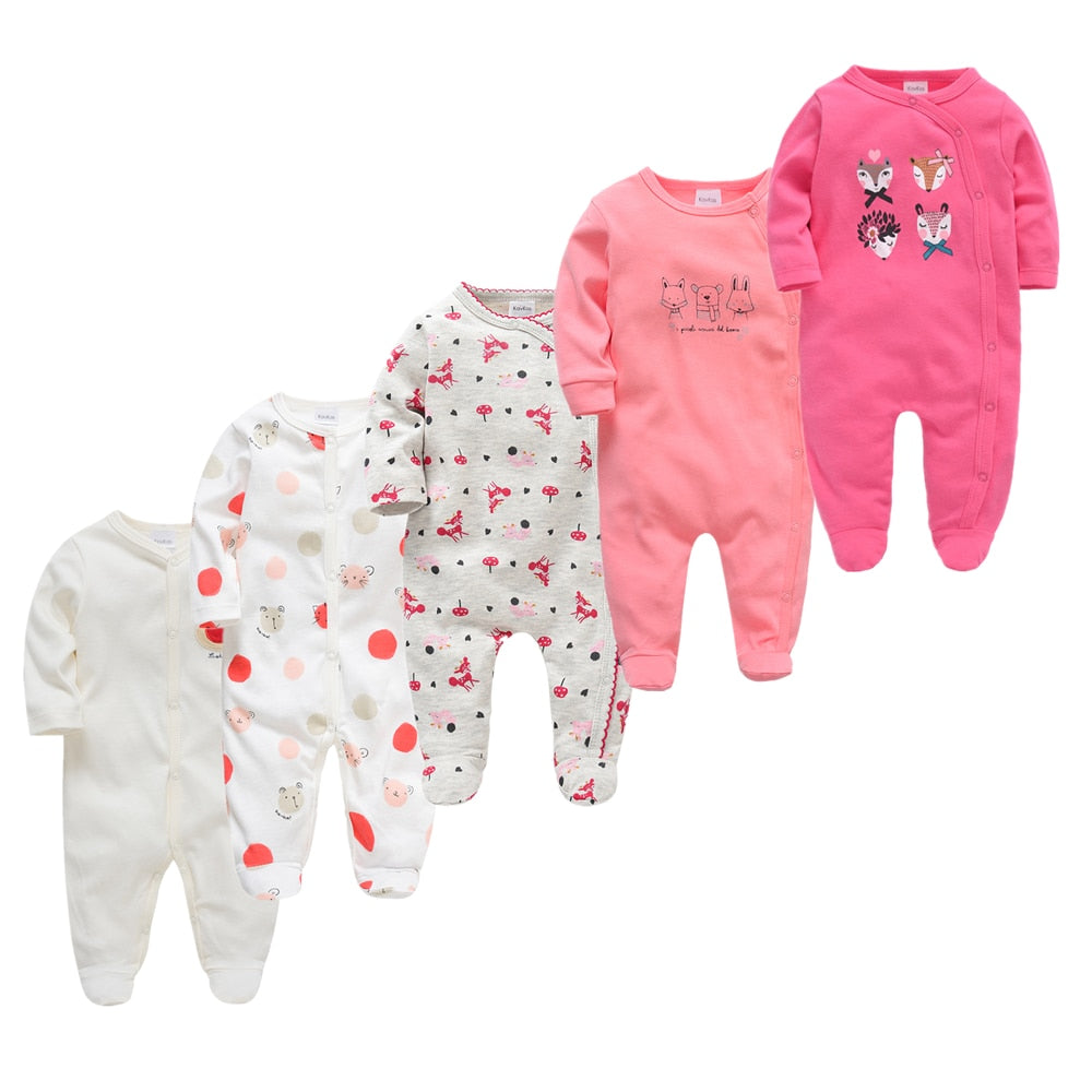 Kit Macacão Bebê 5 peças multicor com pé - Meninos e Meninas