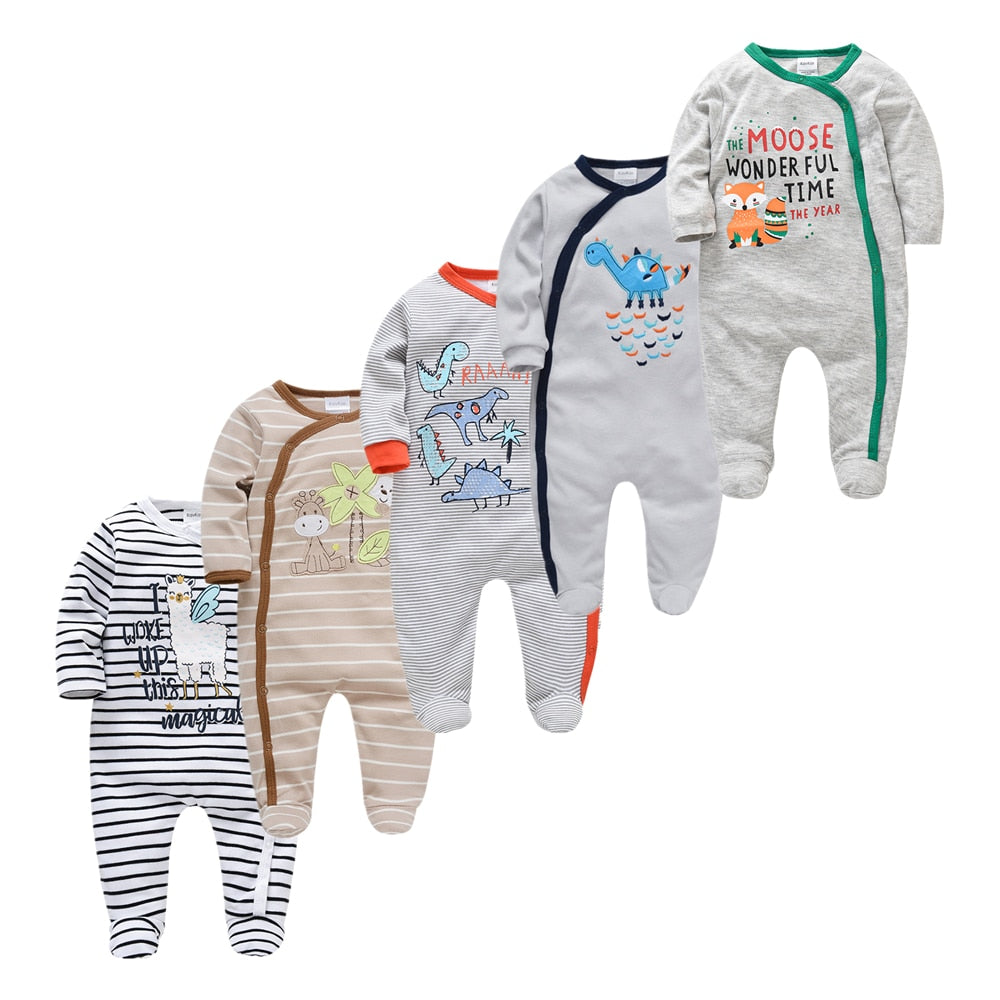 Kit Macacão Bebê 5 peças multicor com pé - Meninos e Meninas