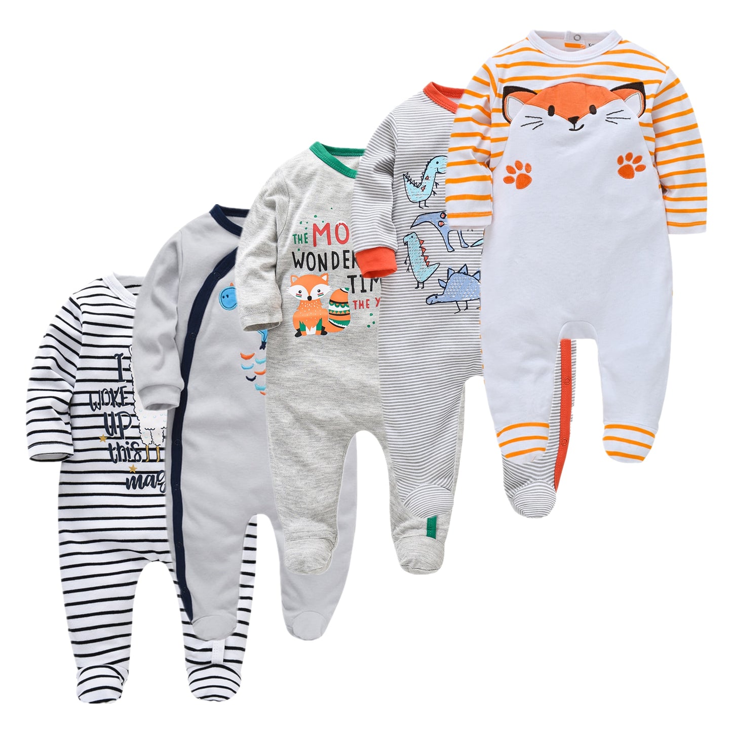 Kit Macacão Bebê 5 peças multicor com pé - Meninos e Meninas