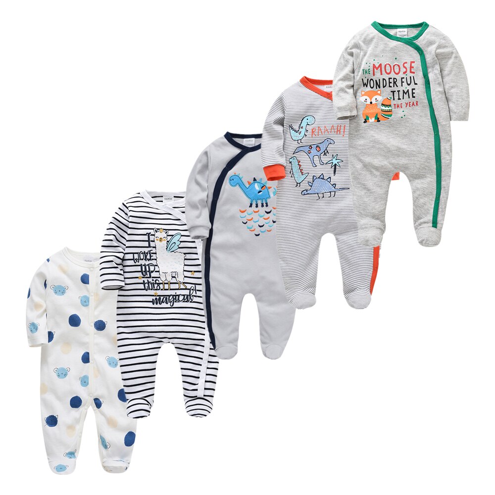 Kit Macacão Bebê 5 peças multicor com pé - Meninos e Meninas