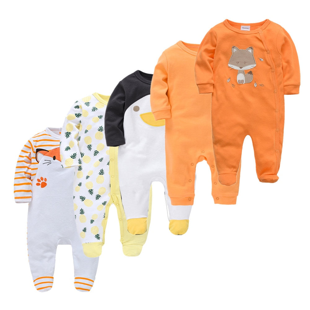 Kit Macacão Bebê 5 peças multicor com pé - Meninos e Meninas