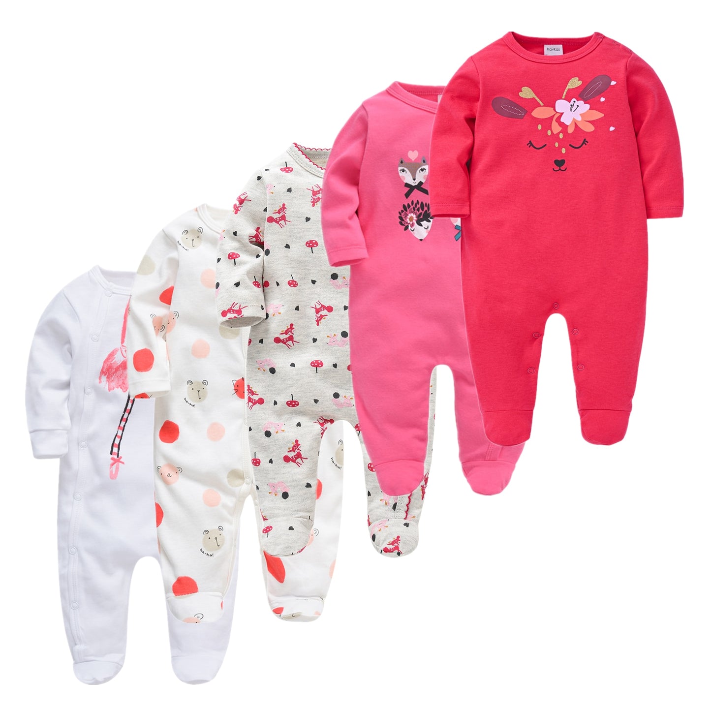 Kit Macacão Bebê 5 peças multicor com pé - Meninos e Meninas