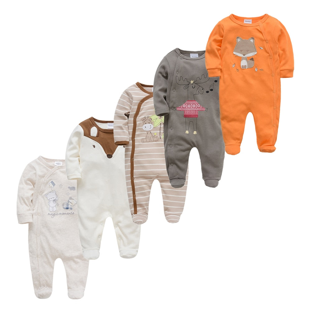 Kit Macacão Bebê 5 peças multicor com pé - Meninos e Meninas