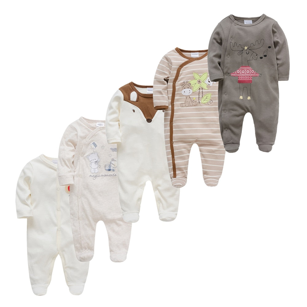 Kit Macacão Bebê 5 peças multicor com pé - Meninos e Meninas