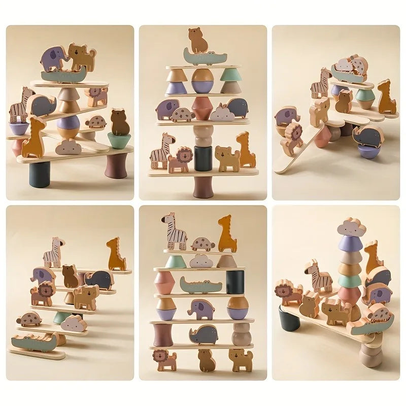 Brinquedo de Empilhar e Equilibrar em Madeira Montessori - Animais