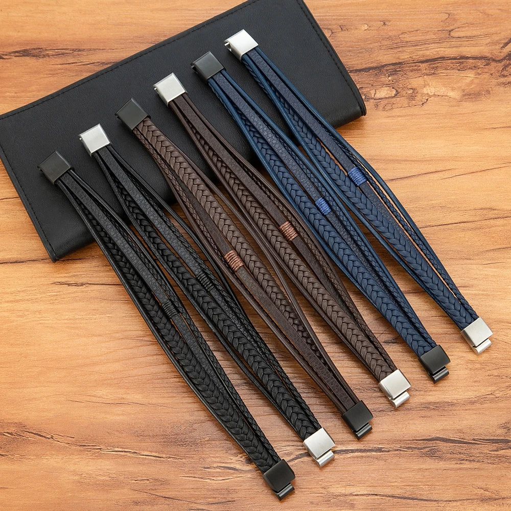 Pulseira Masculina De Couro 5 Tiras Luxo Com Fecho Magnético
