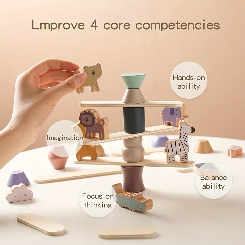 Brinquedo de Empilhar e Equilibrar em Madeira Montessori - Animais