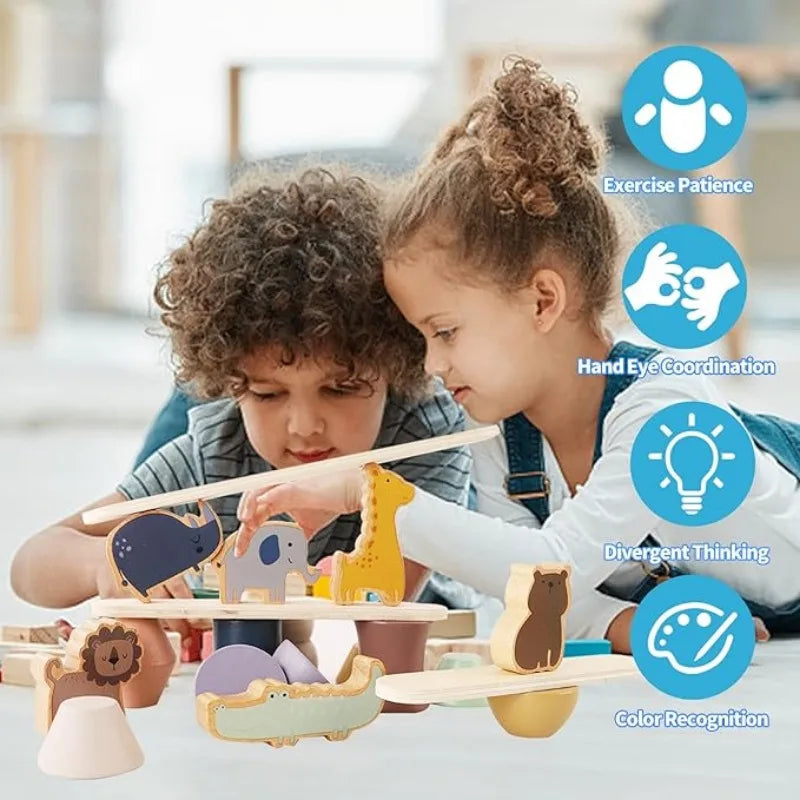Brinquedo de Empilhar e Equilibrar em Madeira Montessori - Animais