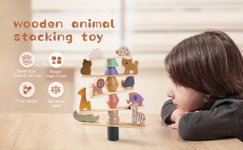Brinquedo de Empilhar e Equilibrar em Madeira Montessori - Animais