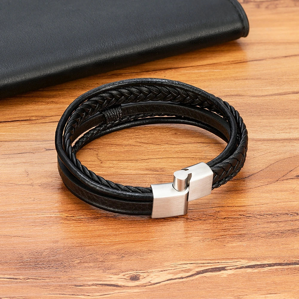 Pulseira Masculina De Couro 5 Tiras Luxo Com Fecho Magnético