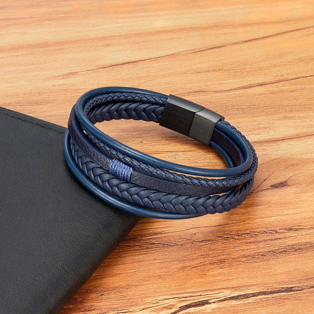 Pulseira Masculina De Couro 5 Tiras Luxo Com Fecho Magnético