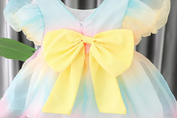 Vestido Infantil Arco-Íris manga puff