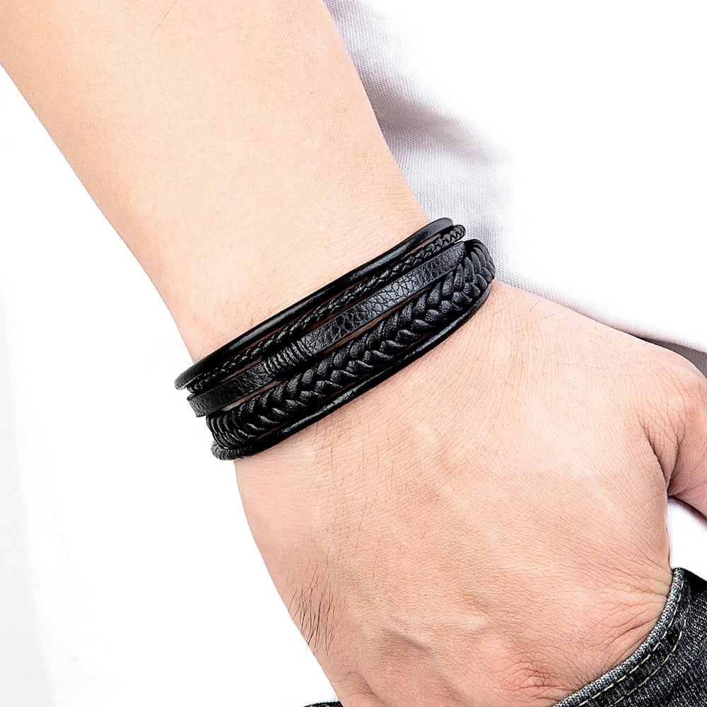 Pulseira Masculina De Couro 5 Tiras Luxo Com Fecho Magnético