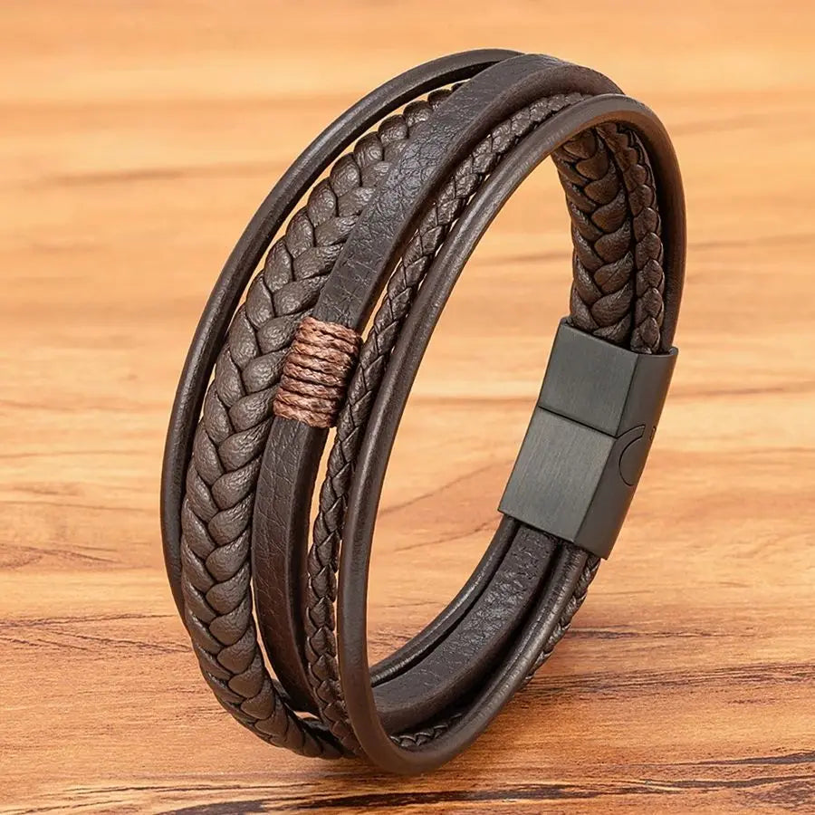 Pulseira Masculina De Couro 5 Tiras Luxo Com Fecho Magnético