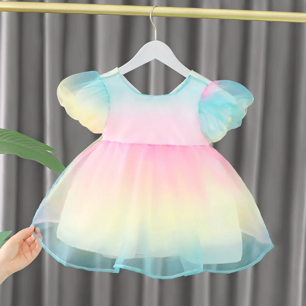 Vestido Infantil Arco-Íris manga puff