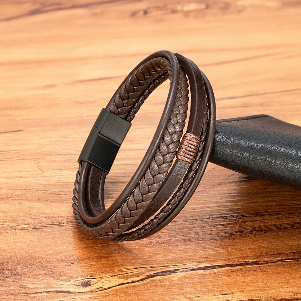 Pulseira Masculina De Couro 5 Tiras Luxo Com Fecho Magnético
