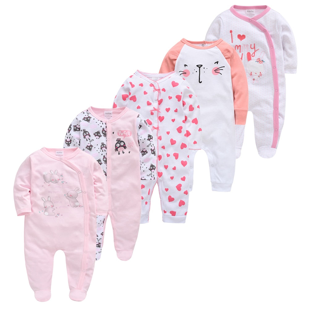 Kit Macacão Bebê 5 peças multicor com pé - Meninos e Meninas