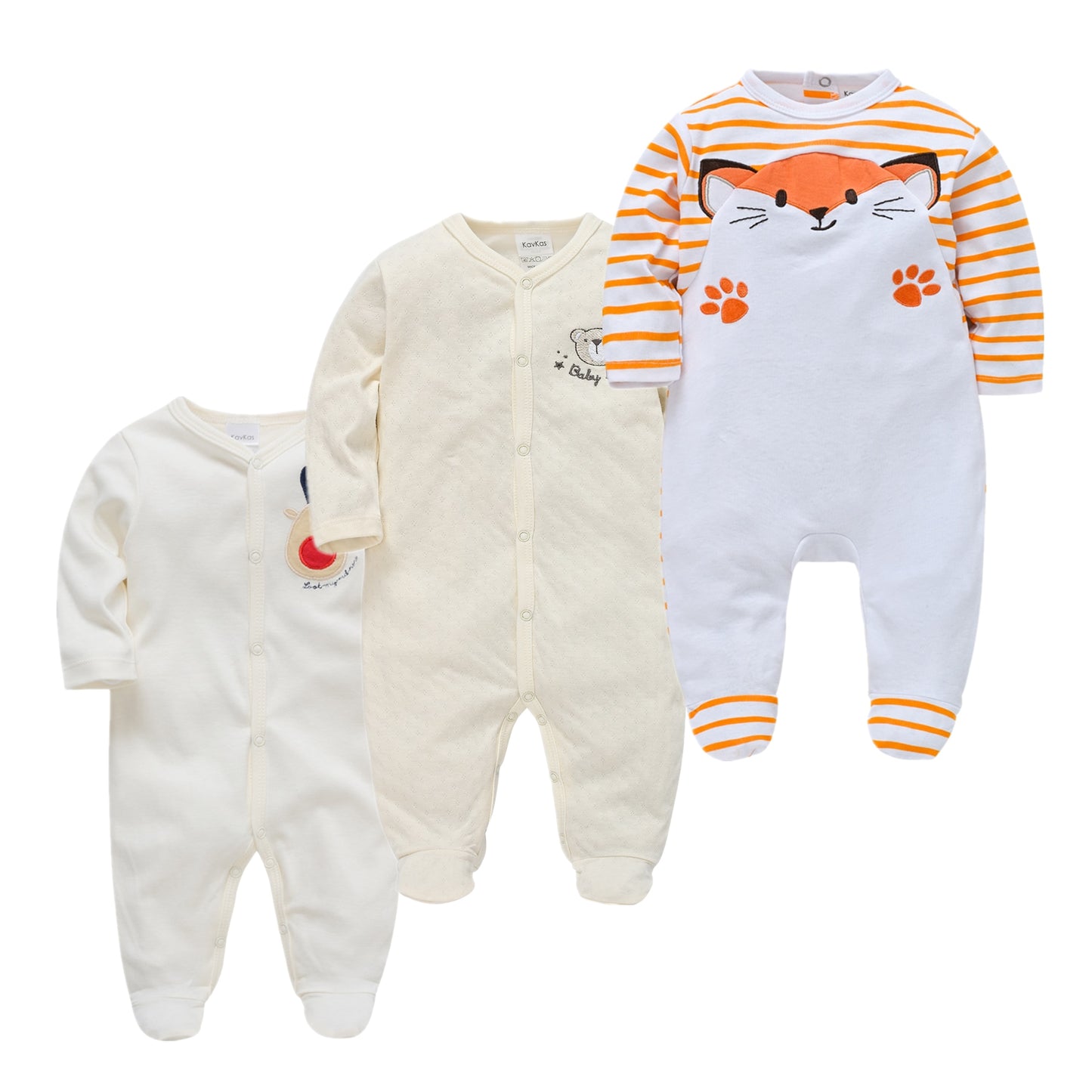 Kit Macacão Bebê 3 peças multicor com pé - Meninos e Meninas