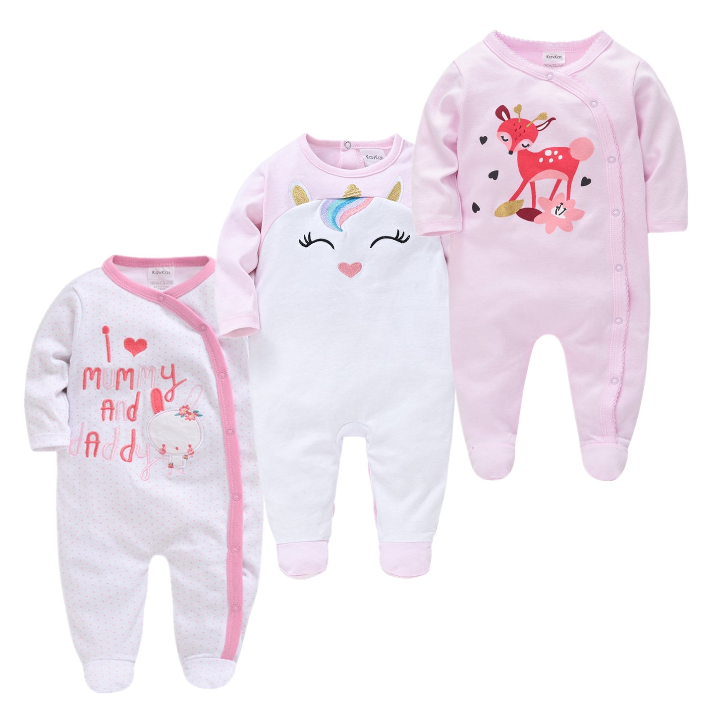 Kit Macacão Bebê 3 peças multicor com pé - Meninos e Meninas