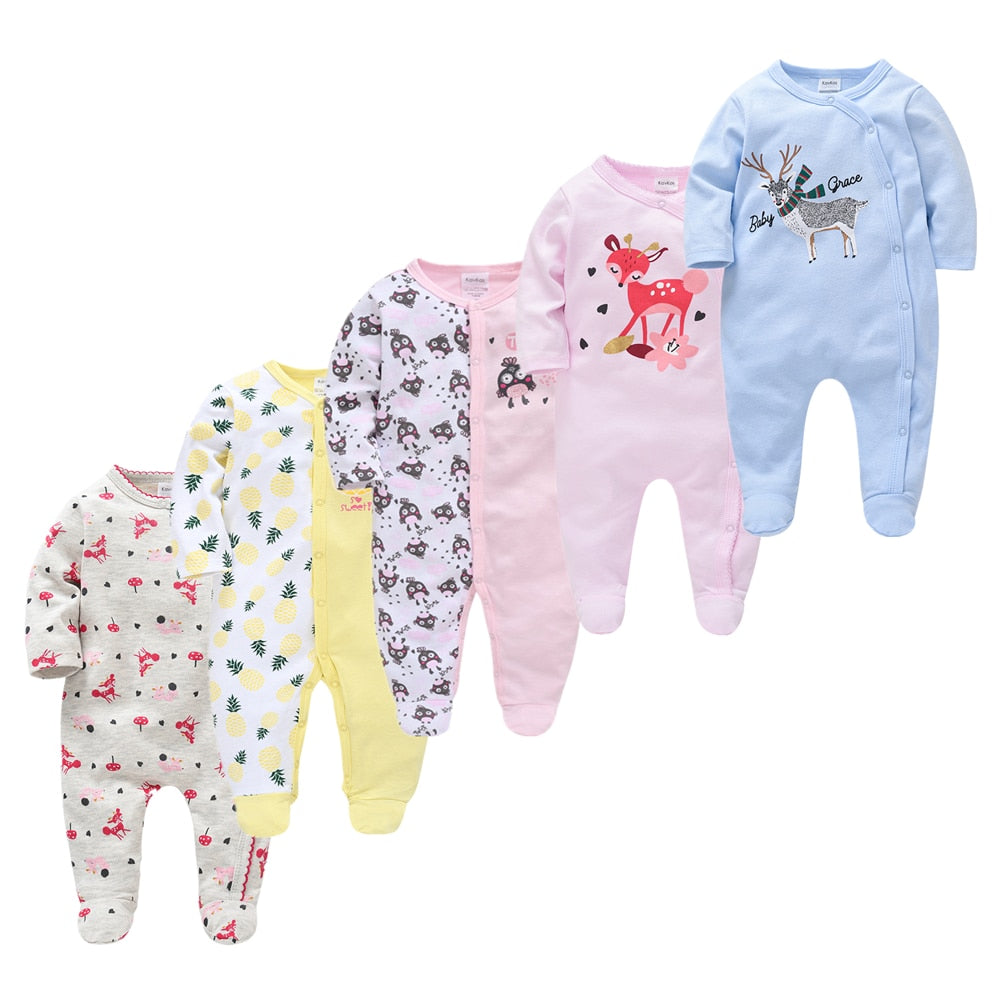 Kit Macacão Bebê 5 peças multicor com pé - Meninos e Meninas