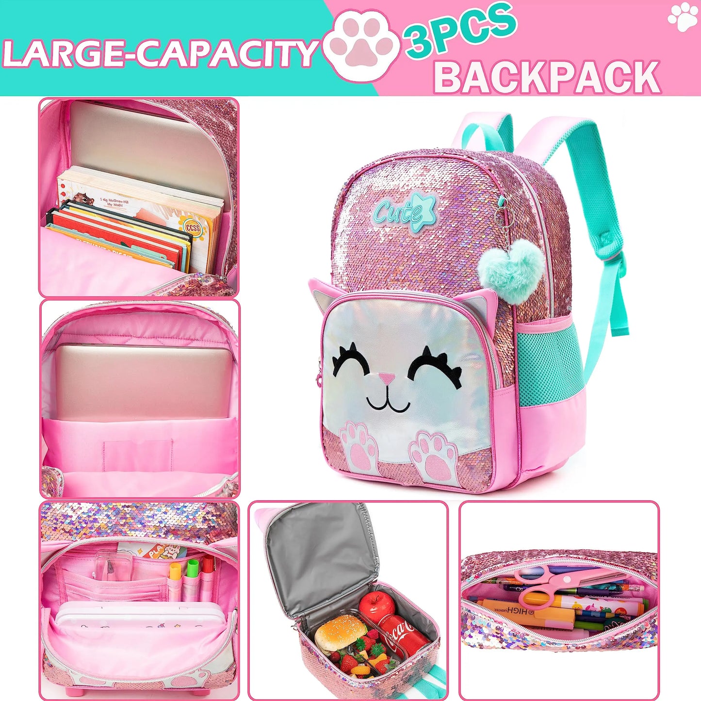 Mochila Infantil Meetbelify Lantejoula - Kit Escolar 3 Peças
