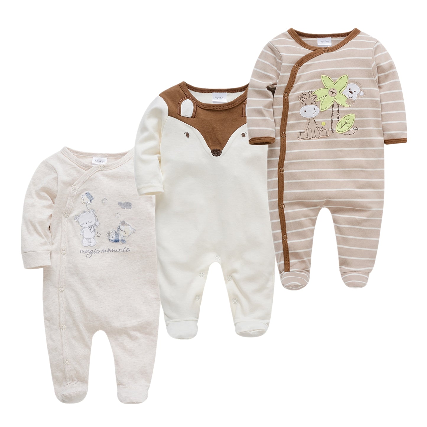 Kit Macacão Bebê 3 peças multicor com pé - Meninos e Meninas